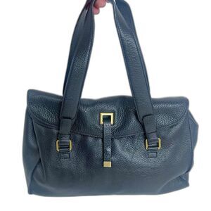 Adrienne Vittadini Black Pebbled Leather Shoulder Bag Gold Hardware Purse